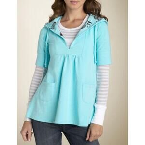 Free People Blue V Neck Hooded Drawstring Top Size Jr L NWT Beach Swim Y2K